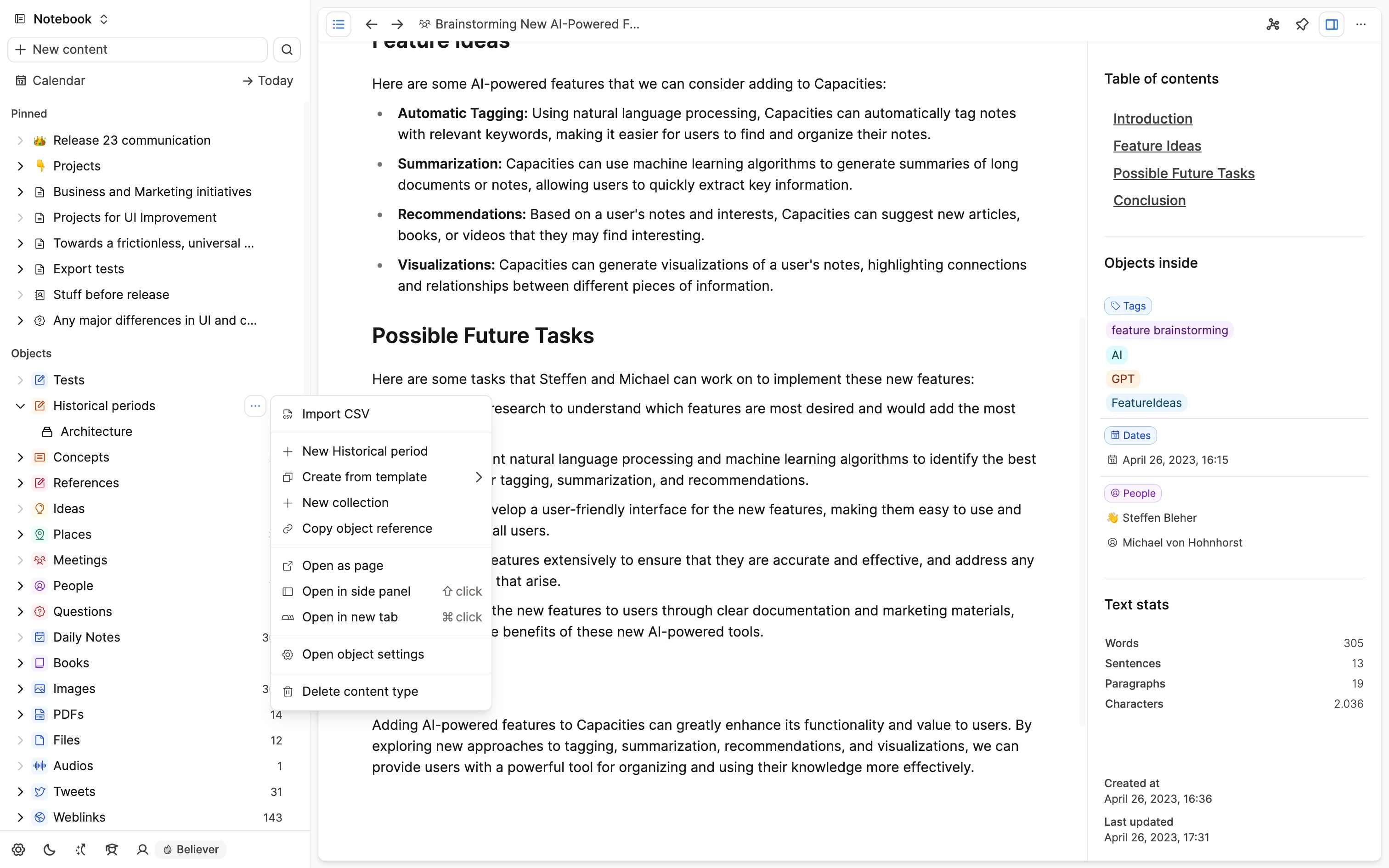 Screenshot of three dots menu of main content
